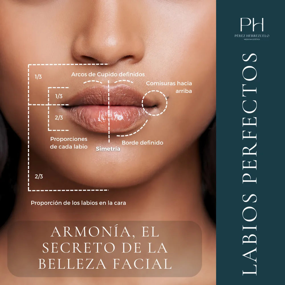 Esquema de las proporciones del labio: arco de Cupido, simetría, borde y comisuras